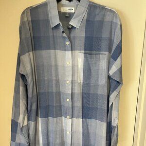 Old Navy Blue and White Plaid Button Down Blouse, Size L